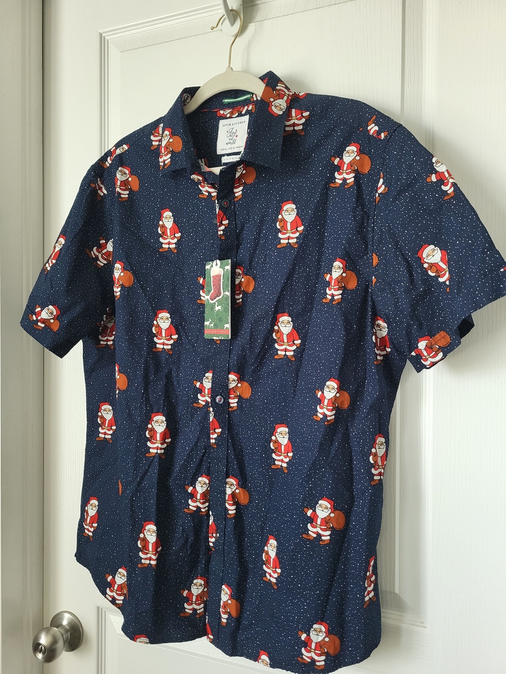 Denim & Flower Navy Santa Print Short-Sleeve Button-Up Shirt XL
